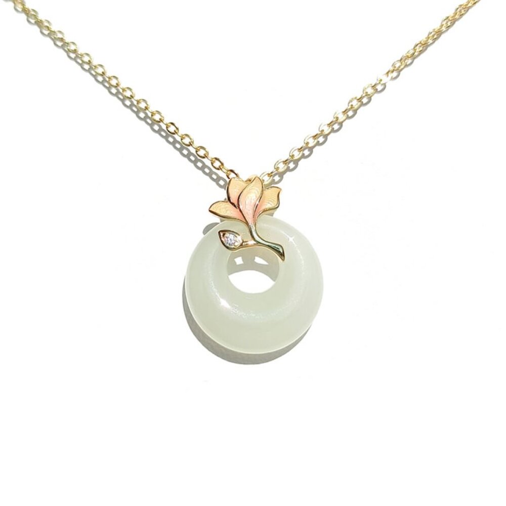 Lotus 925 Sterling Silver white Nephrite Jade Necklace For Her- 14K Gold Plated